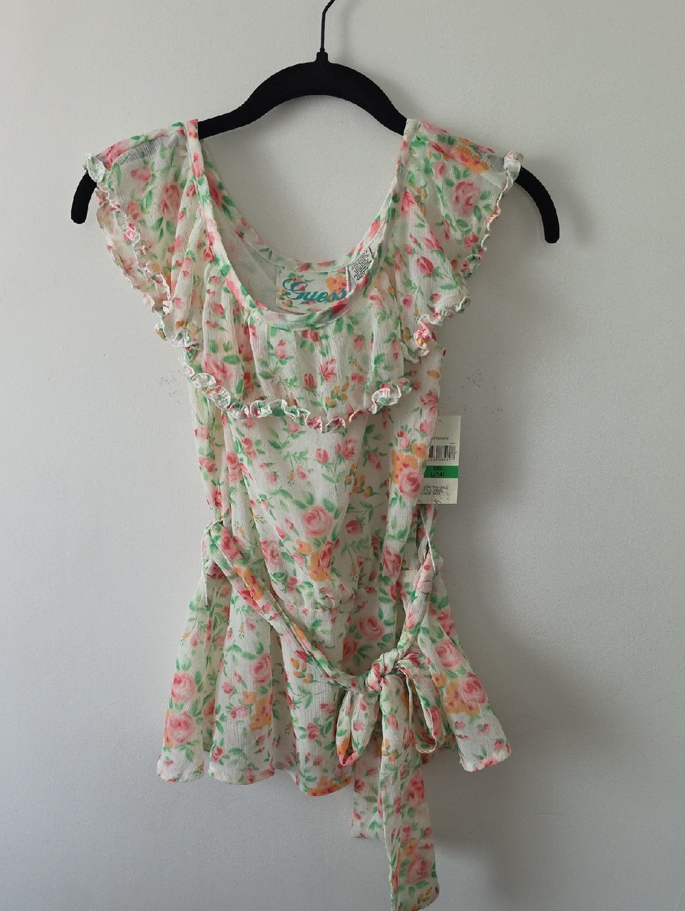 Vintage Guess White Floral Ruffle Cap-Sleeve Shirt Girls 14 Yrs